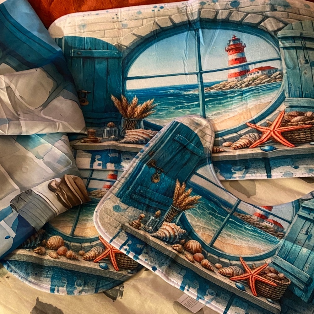 Coastal Lighthouse Bath Set - Blue and White